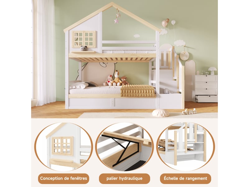  Lit superposé 90x200 cm, lit enfant, rangement hydraulique, bois de pin blanc et naturel, barrière antichute  - Conforama W