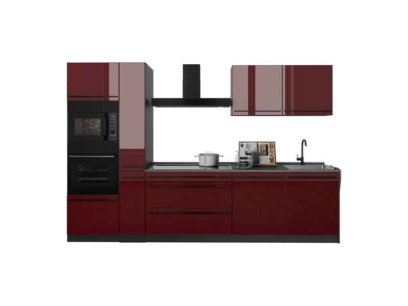 Vicco cuisine, rouge brillantanthracite, 310cm plan de travail chêne doré - Conforama E