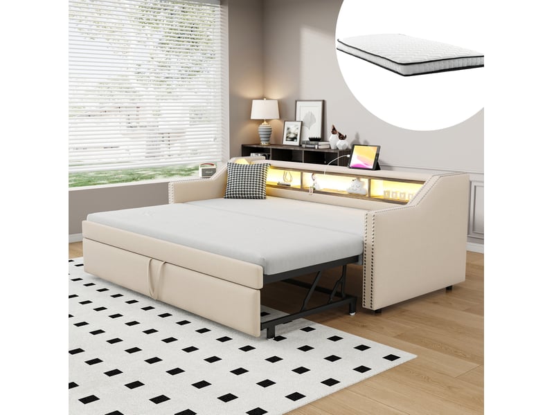  Canapé-lit gigogne 90180 x 190 cm beige avec rangement multifonction, éclairage led, usb et sommier à lattes  - Conforama B
