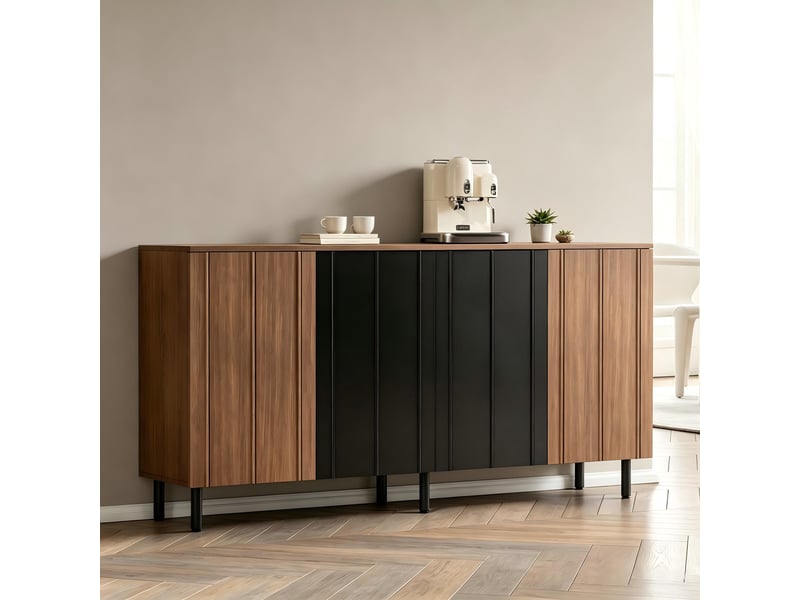  Buffet de cuisine 160x35x80 cm, 4 portes, panneau de particules couleur noyer et noir, meuble rangement salle à manger  - Conforama W