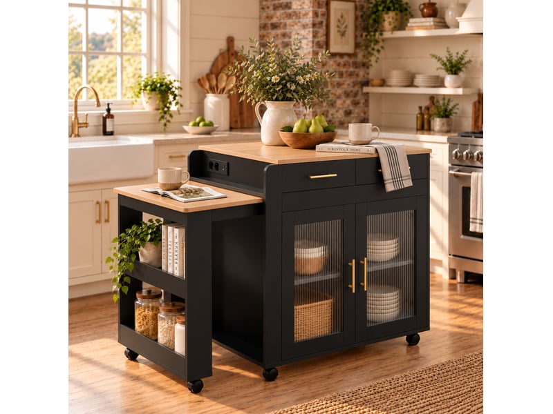  Îlot de cuisine mobile 177x60x89,5 cm, plateau extensible, prises usb, rangement, panneau de particules, noir  - Conforama B