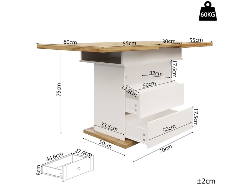 Table de séjour rectangulaire avec allonge blanc - 80x110-140max.cm mdf table blanc - Conforama C