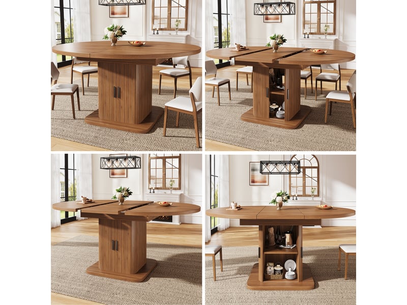 Table à manger extensible ronde en ovale 110-150x110x75 cm table à manger 4 à 6 personnes en bois avec portes coulissantes, noyer - Conforama R
