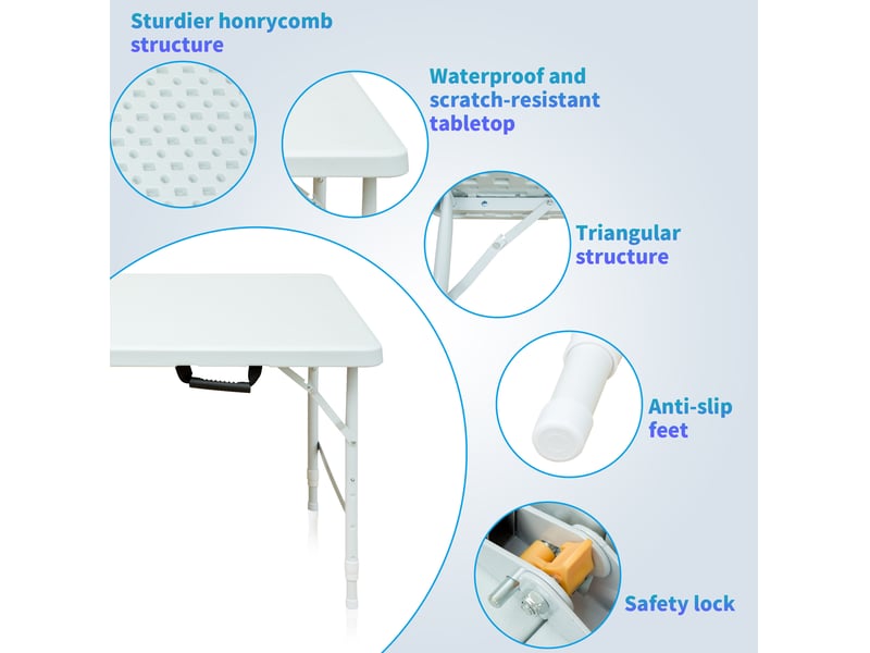  Table de jardin pliante blanche 124,97 cm, hauteur réglable 58–73,66 cm, en plastique et métal, facile à transporter  - Conforama E
