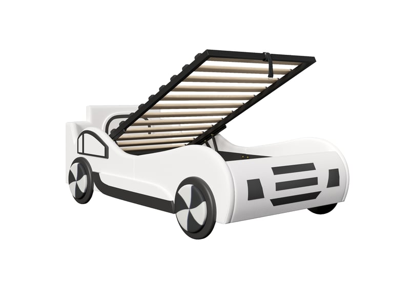  Lit enfant voiture blanc 90 × 200 cm, lit bas avec sommier à lattes et rangement hydraulique  - Conforama E