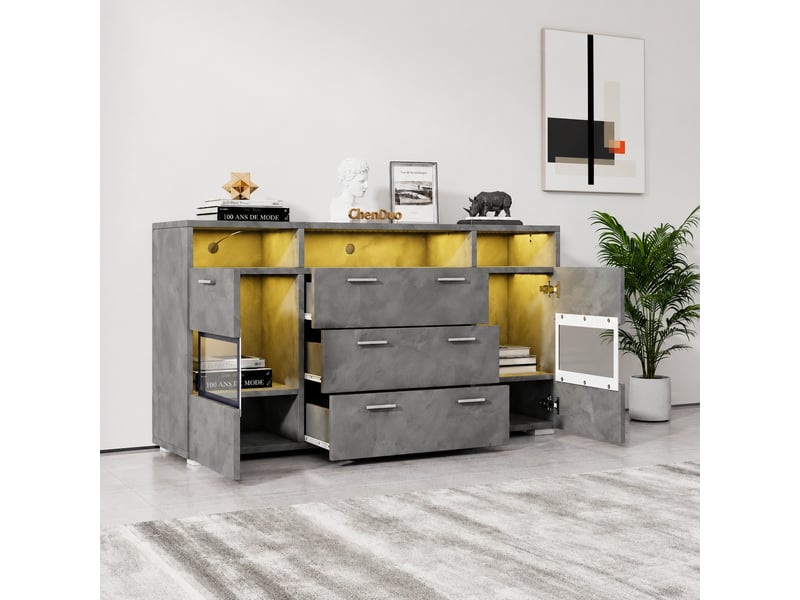 Buffet gris 140 cm avec éclairage led, portes acryliques transparentes et rangements - Conforama C