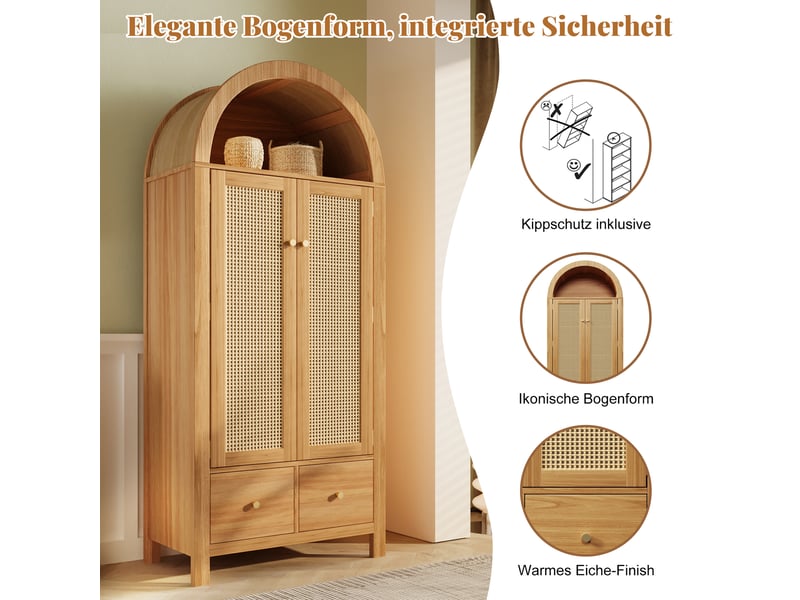  Armoire 181x78x45 cm - penderie 2 portes avec cannage rotin, 2 tiroirs, étagère ouverte, style campagne, effet chêne  - Conforama R
