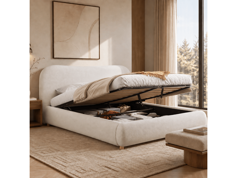  Lit coffre 180 × 200 cm en bouclé blanc avec tête de lit capitonnée Fay Lum - Conforama B