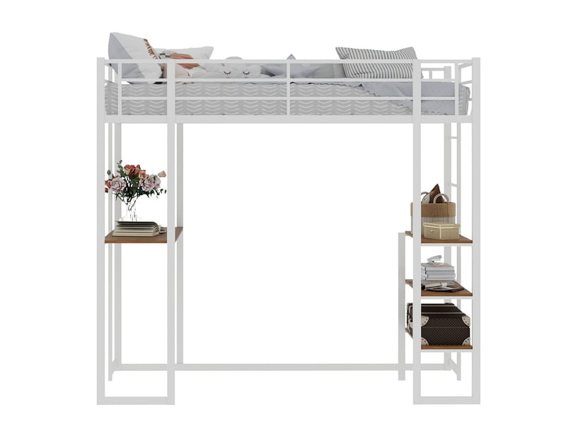 Lit mezzanine 90x190 cm en métal blanc avec bureau, garde-corps et rangement - Conforama A