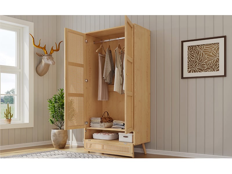  Armoire 2 portes avec penderie et coffre bas pour chambre en panneaux de particules 90×45×183 cm naturel  - Conforama B