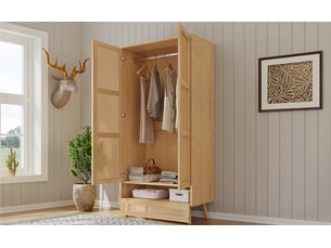 Armoire 2 portes avec penderie et coffre bas pour chambre en panneaux de particules 90×45×183 cm naturel