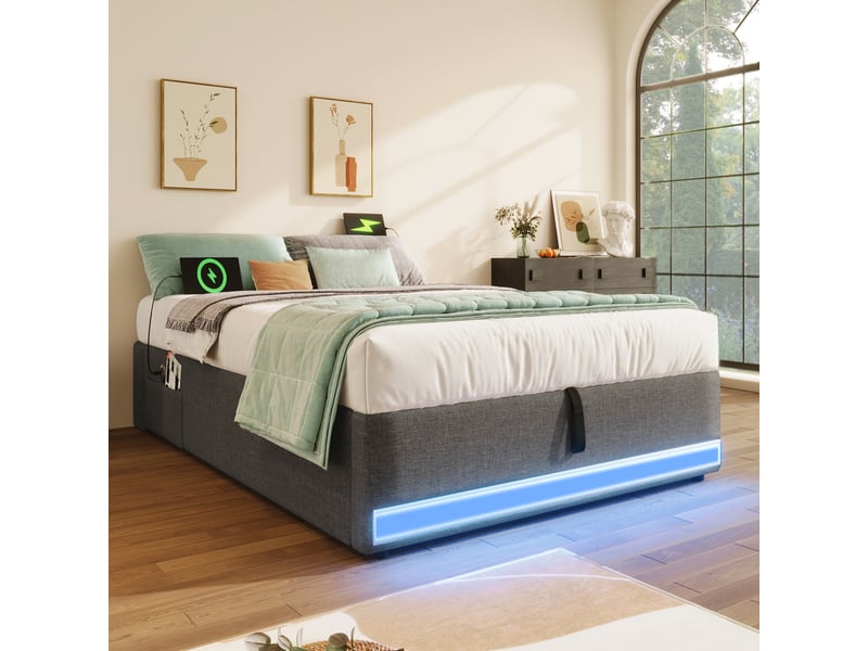  Lit coffre 90×200 cm en lin, lit simple avec rangement hydraulique, led, usb et type-c, sans matelas, gris  - Conforama C