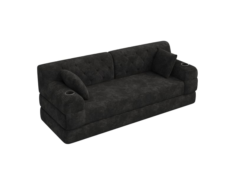 Canapé convertible compressé 3 places en velours côtelé noir, 4 poches et 2 porte-gobelets - Conforama A