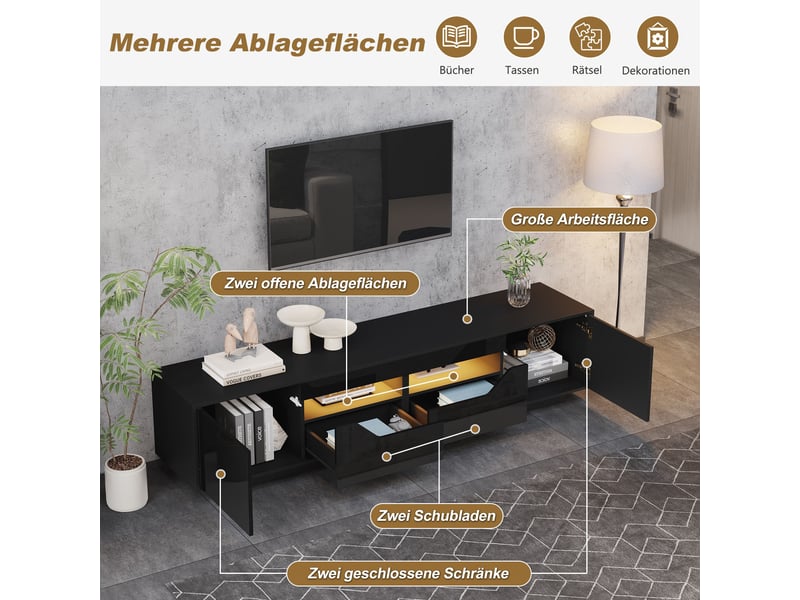  Meuble tv 180 cm avec rangement, led et 2 tiroirs avec placards, design noir brillant moderne pour salon  - Conforama D