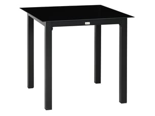 Table de jardin carrée 80x80x74 cm pour 4 personnes, plateau en verre trempé, métal noir