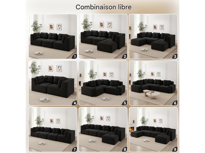  Canapé modulable 4 places en velours côtelé noir 382x104x69 cm W3325S00252 - Conforama E