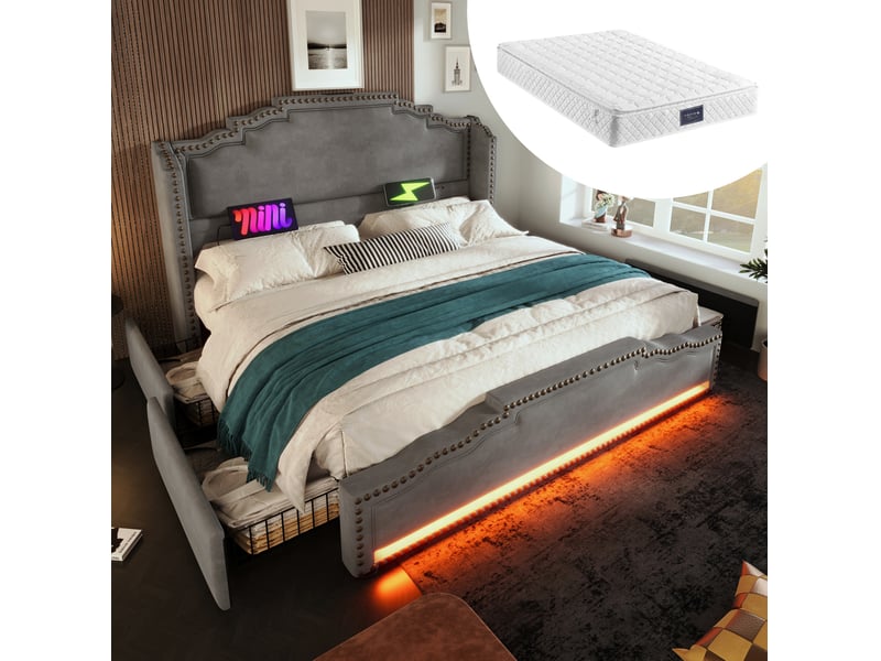  Lit rembourré ulevr 160x200 avec 4 tiroirs, led, usb et type-c, sommier à lattes, velours gris, avec matelas  - Conforama B