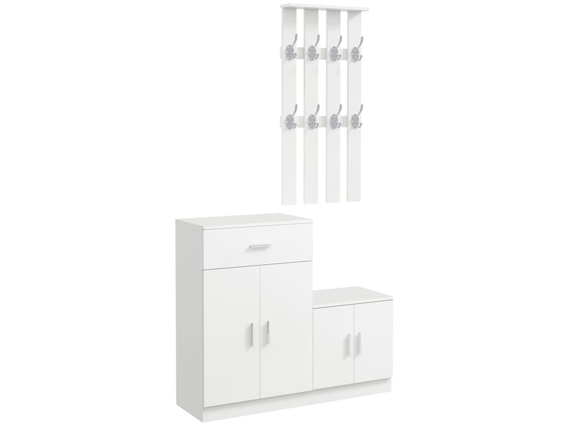  Étagère à chaussures avec porte-manteau intégré pour entrée et chambre, en bois blanc, 100 x 32 x 187 cm  - Conforama A
