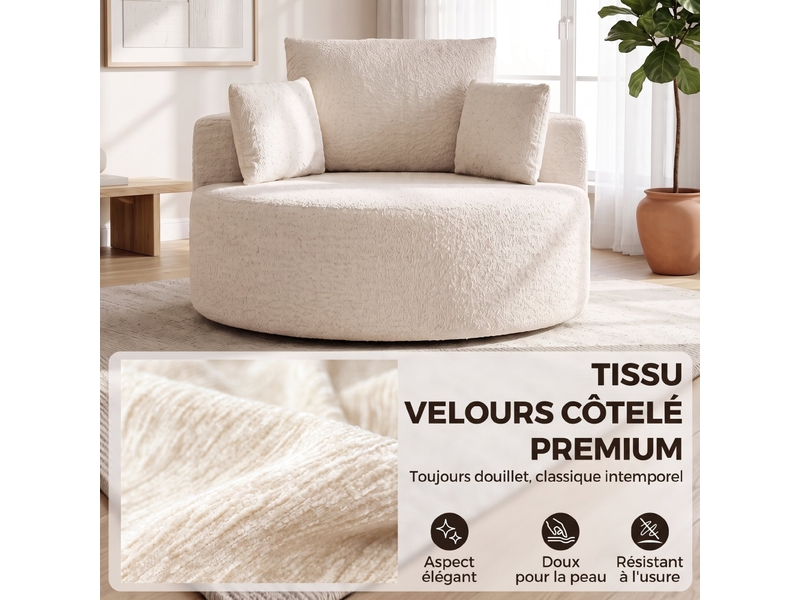Pouf canapé rond en chenille, grande assise, 2 coussins, 1 dossier, 1 traversin, charge 250kg, 130x130x82cm, crème - Conforama R