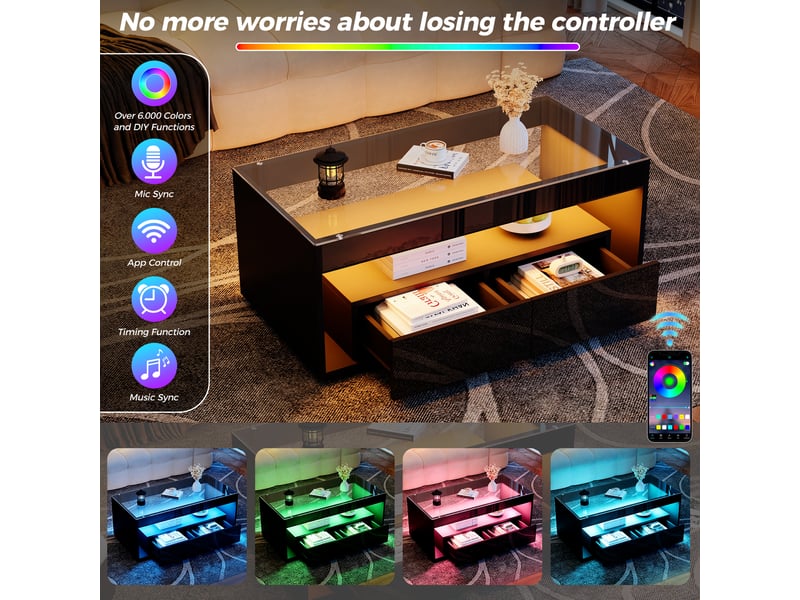  Table basse led noire, table de salon avec 2 tiroirs et double niveau, 100x50x40 cm, verre trempé, noir  - Conforama E