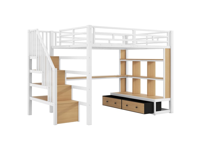  Lit mezzanine 140x200 cm avec bureau et rangements, escalier avec rangement et 2 tiroirs, led intégrée, métal blanc  - Conforama E