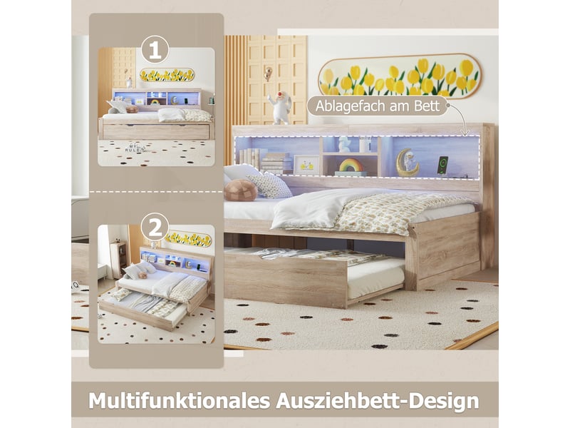  Lit banquette 90x200 lit gigogne bois naturel avec led et ports usb  - Conforama E