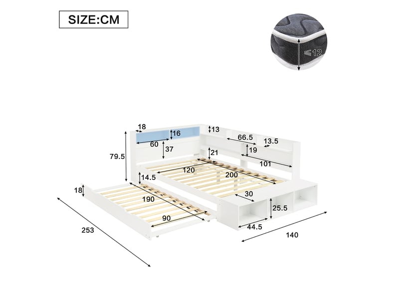  Lit combiné 120 x 200 cm en bois avec lit gigogne 90 x 190 cm, rangements, led, port de charge et banquette, blanc Bliss Lite - Conforama C