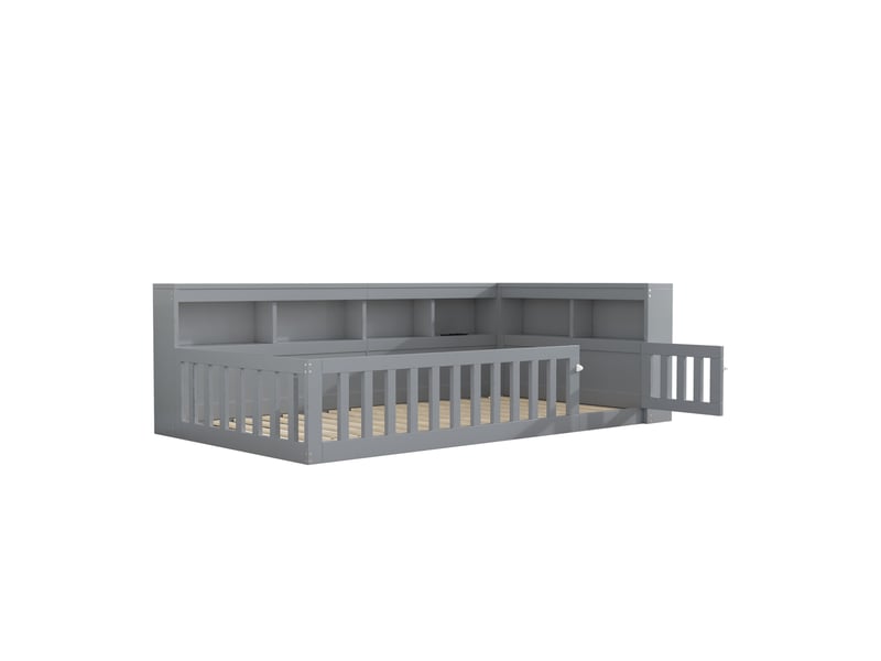 Lit banquette gris 90x200 cm, rangements, garde-corps, prise et usb, sommier à lattes - Conforama E