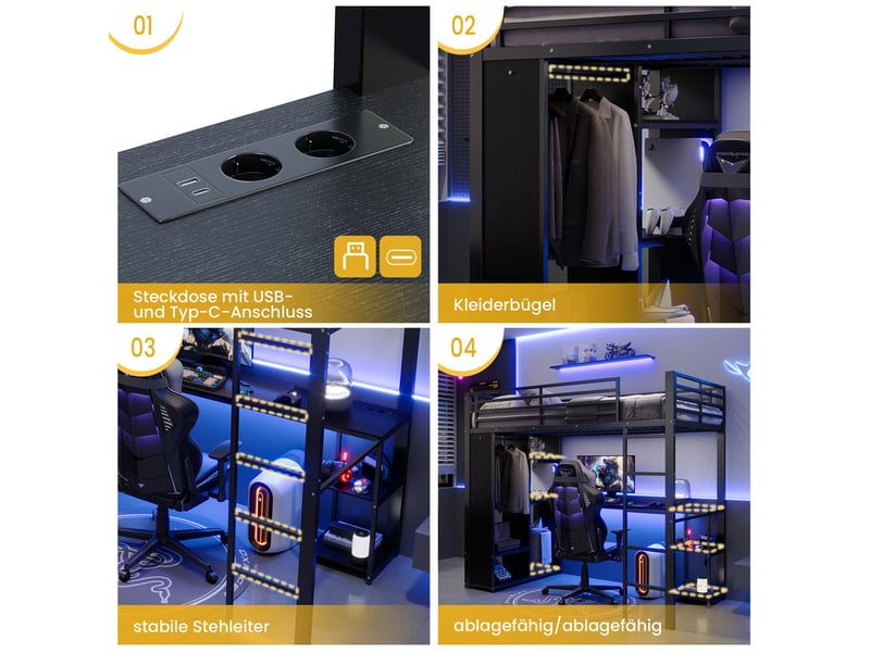  Lit enfant surélevé， 90x200 cm ，avec bureau led prises usb type c rangement ，mdf métal ，noir  - Conforama E