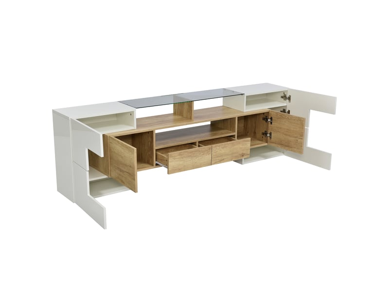 Meuble tv avec 6 portes et 2 tiroirs, 200 x 35 x 60 cm, éclairage led, 3 compartiments et finition brillante, mdf, couleur bois Morn Vibe - Conforama E