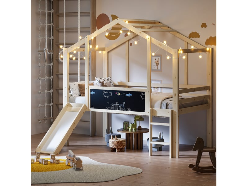  Lit mezzanine enfant 90 x 200 cm avec toboggan, échelle, toit et tableau  - Conforama B