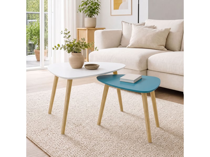  Lot de 2 tables basses gigognes design pieds scandinave en bois et plateau en bois, blanc et bleu  - Conforama W