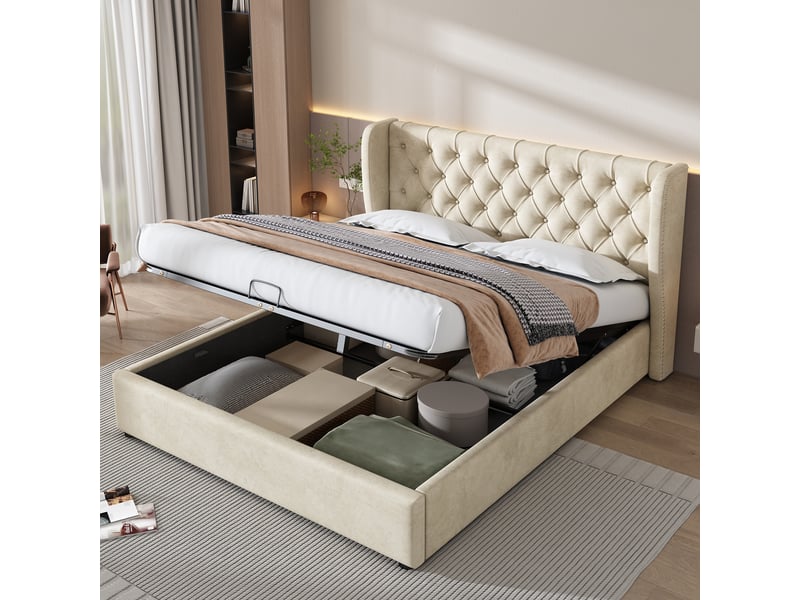  Lit coffre rembourré 140 x 190 cm en velours beige, tête de lit à oreilles capitonnée, sommier à lattes 3068012AAC - Conforama D