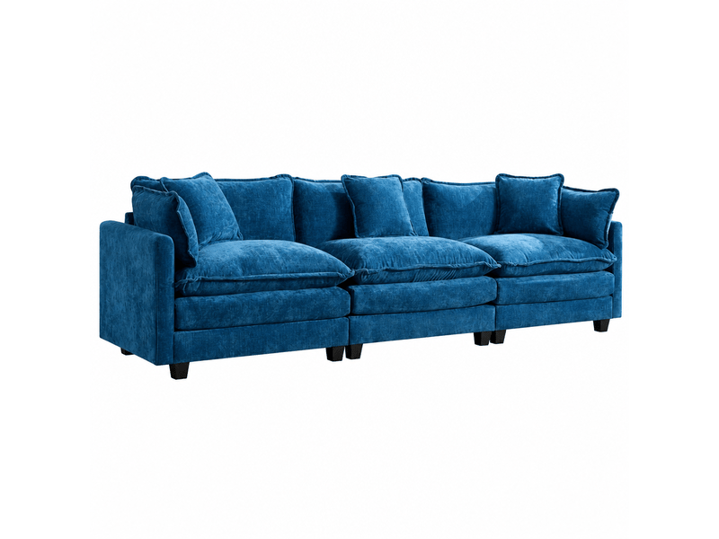 Canapé droit 3 places cloud en tissu chenille bleu avec coussins double couche - Conforama A