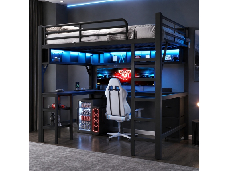  Lit mezzanine 200×140 cm avec bureau, rangements, éclairage led et port usb, en métal et mdf noir  - Conforama C