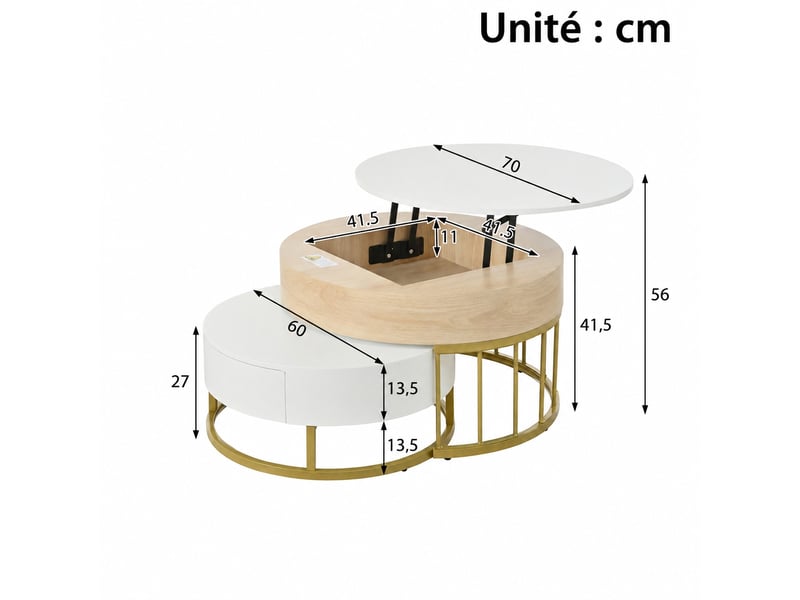  Ensemble de 2 tables basses rondes gigognes avec plateaux relevables, blanc et effet bois, ø 70 et 60 cm  - Conforama C