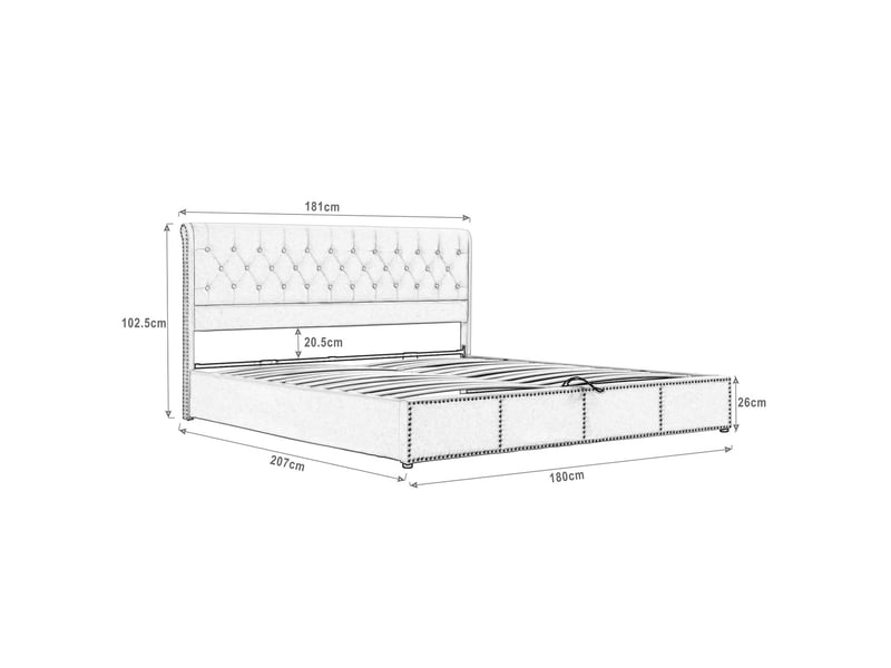 Lit coffre 180x200 - avec grand rangement - lit rembourré - velours gris tête de lit avec clous décoratifs sans matelas - Conforama C