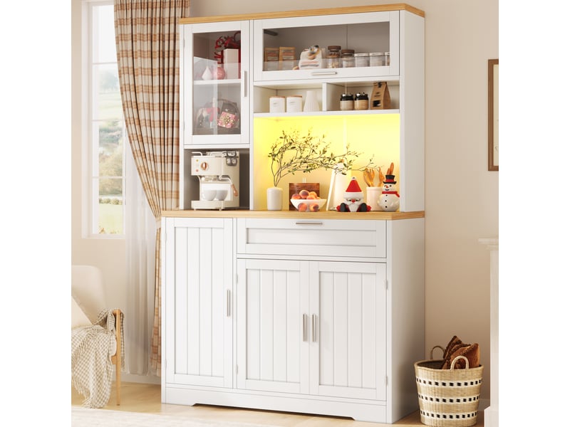 Armoire de cuisine avec éclairage led, meuble vitrine blanc et noir, vaisselier haut 180 cm, rangement mdf - Conforama E