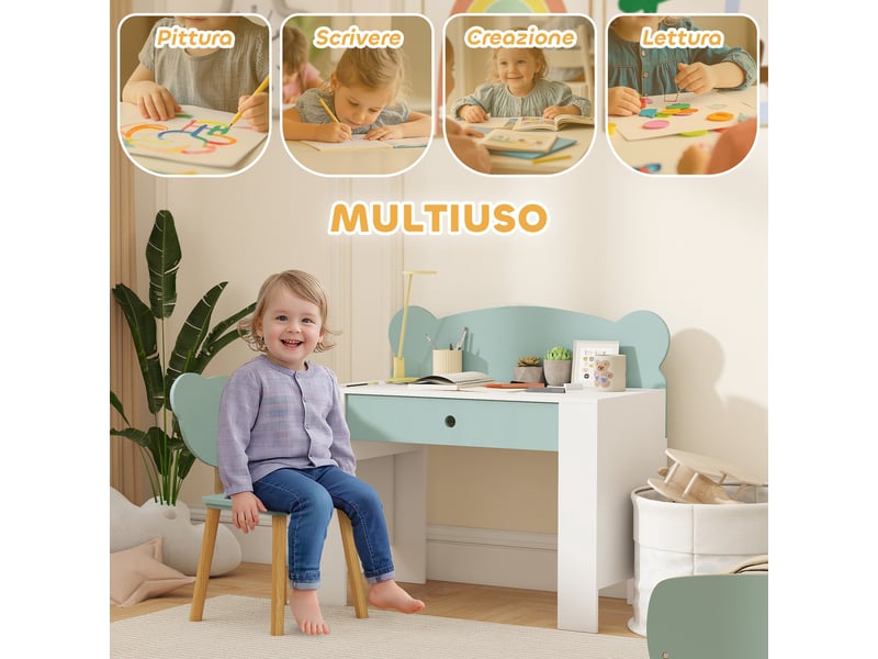  Ensemble bureau enfant avec tiroir et chaise à dossier ours en peluche, 3-8 ans, vert  - Conforama E