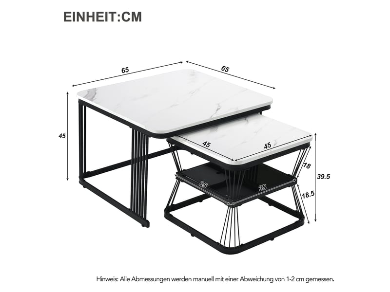  Ensemble de 2 tables d'appoint modernes, en mdf aspect marbre, structure en tube d'acier blanc brillant noir, dimensions des 2 tables : 65 x 65 x 45 cm et 45 x 45 x 39,5 cm.  - Conforama C
