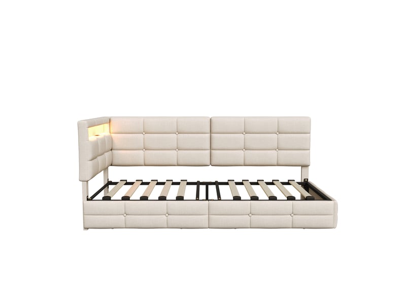 Lit jeune 90x200 avec rangement, lit simple pour adolescent avec led et usb lit banquette avec 2 tiroirs et tête de lit rembourrée beige lin, sans matelas - Conforama W