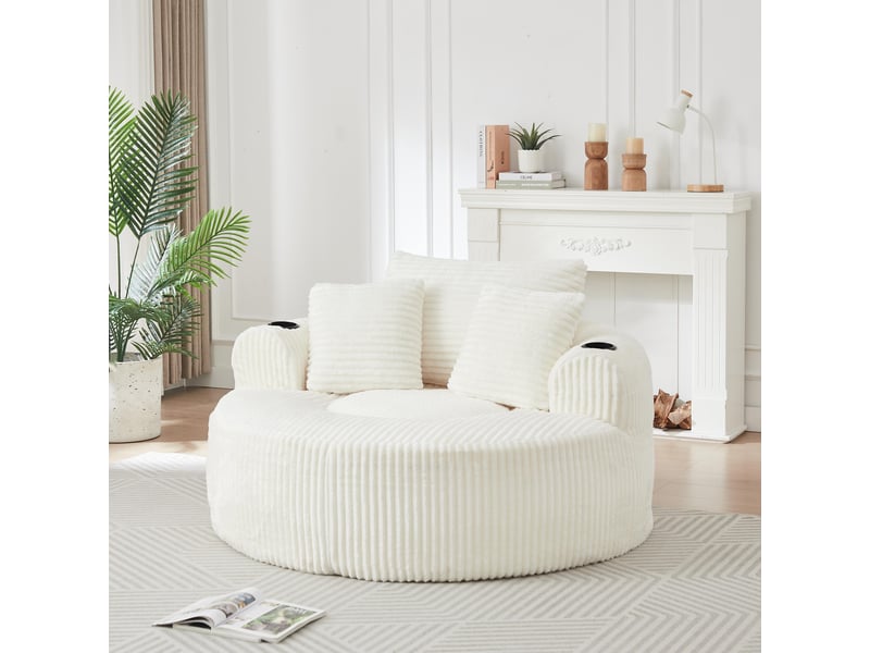  Fauteuil 2 places - 142x142x63 cm - fauteuil poire indépendant en velours côtelé avec 3 coussins et 2 porte-gobelets - blanc  - Conforama B