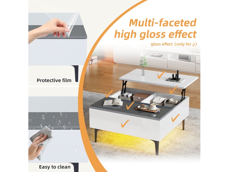 Table basse relevable 70x70x35 cm, hauteur réglable 48,5 cm, rangement dissimulé, tiroir invisible, mdf, blanc et gris  - Conforama E