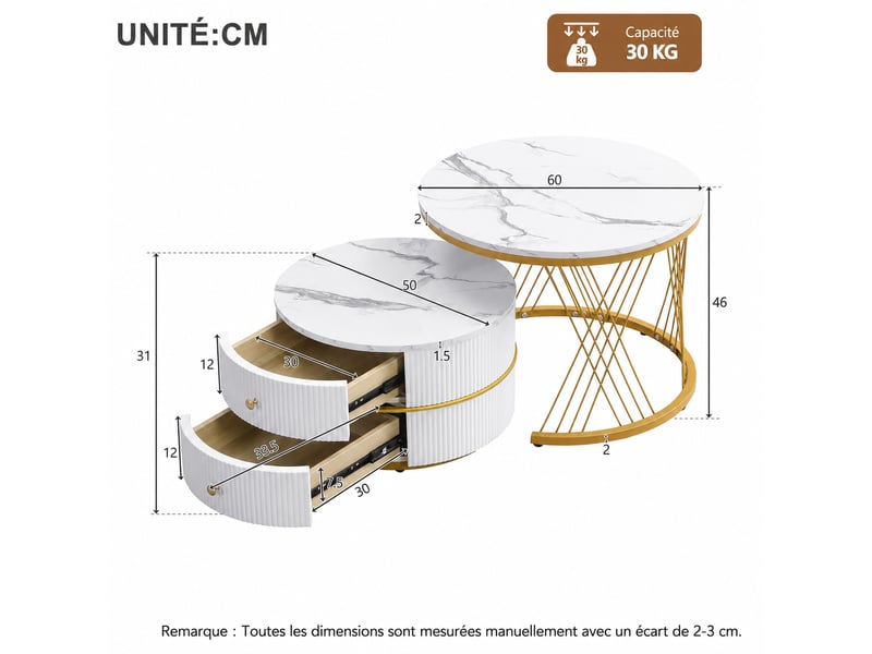  Set de 2 tables basses gigognes rondes blanches – effet marbre brillant, 2 tiroirs – 60 x 46 cm et 50 x 30,8 cm  - Conforama D