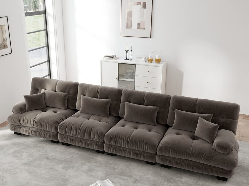  Canapé droit modulable 4 places à assise profonde, larges accoudoirs, chenille marron, 406x77x81cm, pour salon  - Conforama B