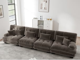 Canapé droit modulable 4 places à assise profonde, larges accoudoirs, chenille marron, 406x77x81cm, pour salon