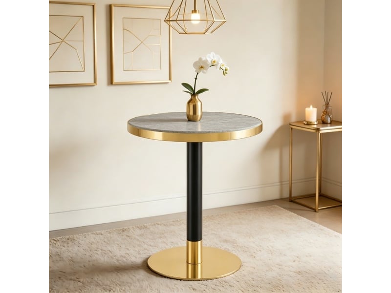  Table d’appoint ronde,60x60x73,7 cm,mdf,gris effet marbre métal noir et doré  - Conforama B