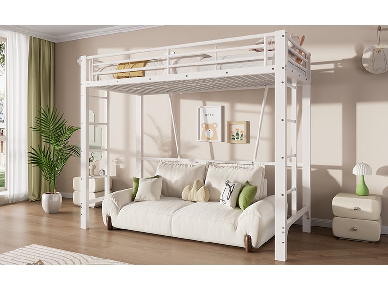  Lit mezzanine 90 x 200 cm avec barrières de sécurité et accès pratique par deux échelles latérales, métal, blanc Morn Vibe - Conforama B
