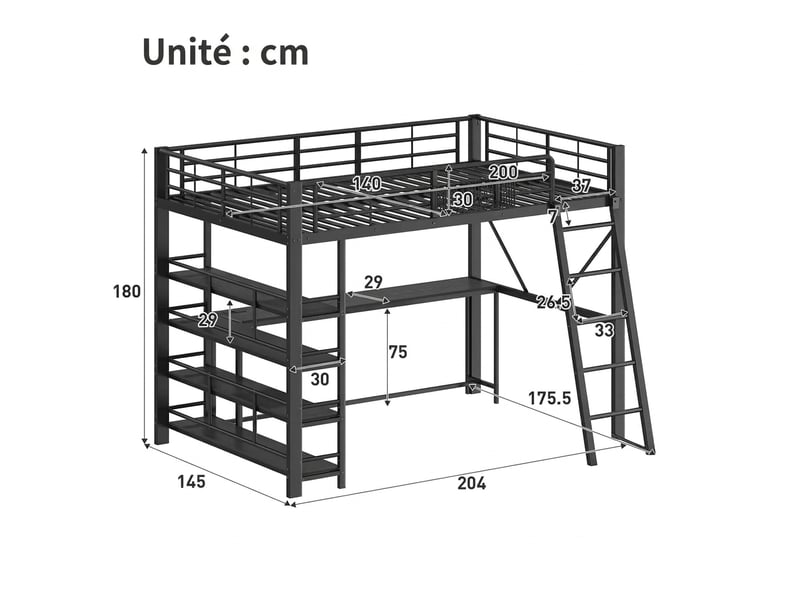  Lit mezzanine 140x200 métal noir avec bureau intégré, led et port usb sans matelas  - Conforama C