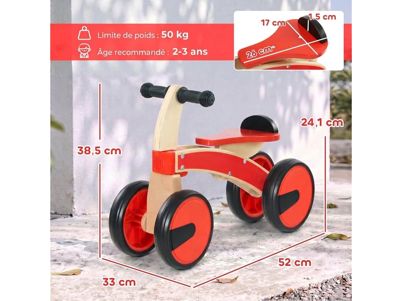  Porteur en bois 4 roues selle avec rebord naturel noir rouge  - Conforama C